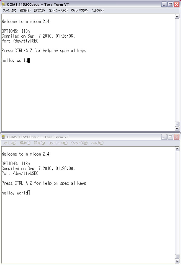 図11　minicomでの通信テスト（上：送信側画面、下：受信側画面）