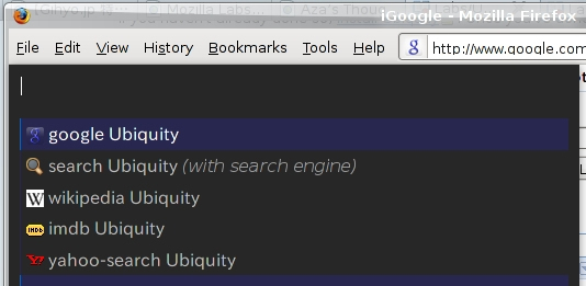 図4　テキスト'Ubiquity'を選択した状態でUbiquityプロンプトを表示した場合