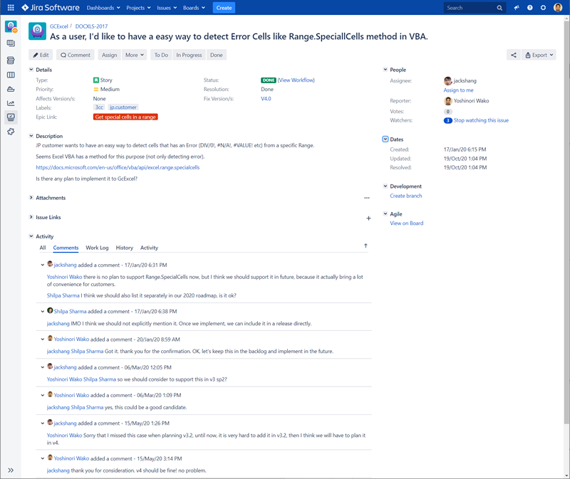 各国でのコミュニケーションは英語を中心に行う（画面は実際のJIRA）