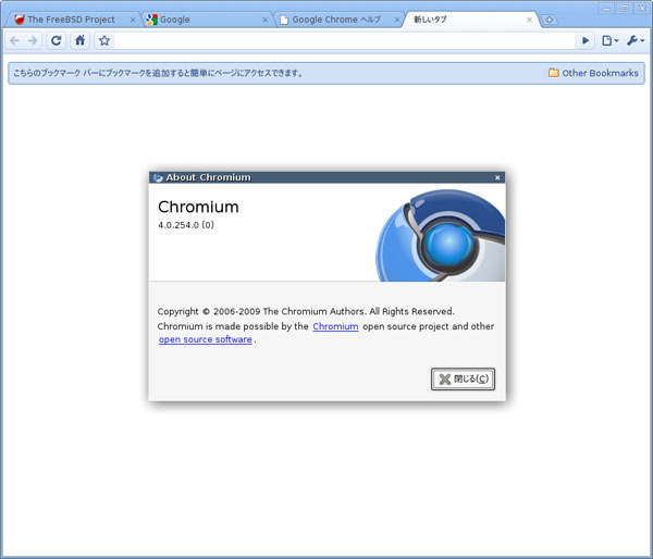 図1　Chromium 4.0.254.0 (0) on FreeBSD 9-CURRENT 実行例