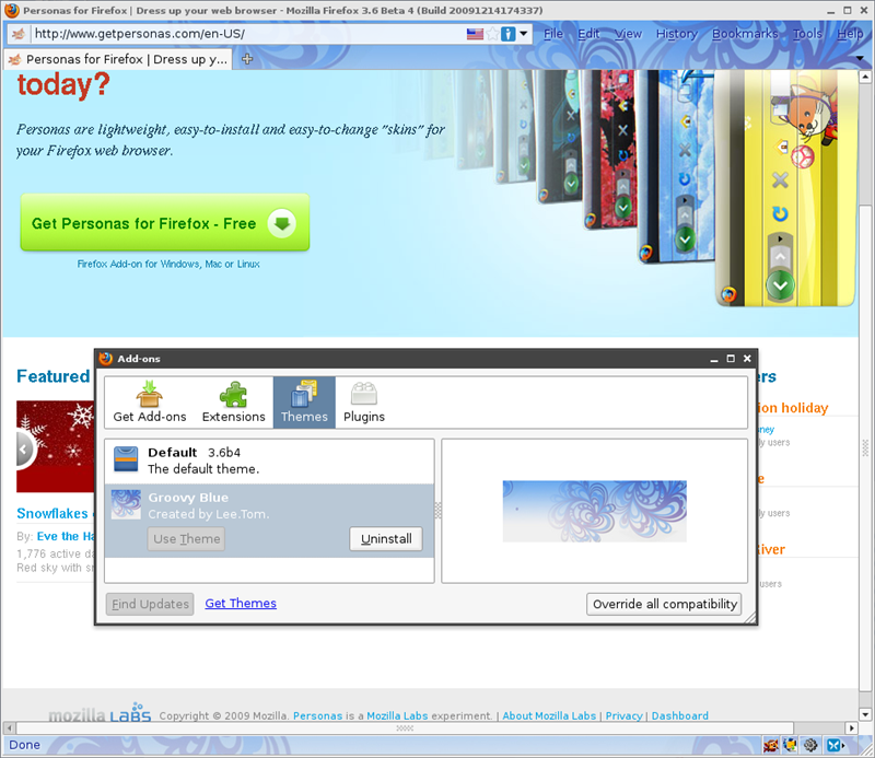 図2　Firefox 3.6にはPersonasの機能が組み込まれているため、アドオンをインストールしていなくてもPersonasテーマを利用可能