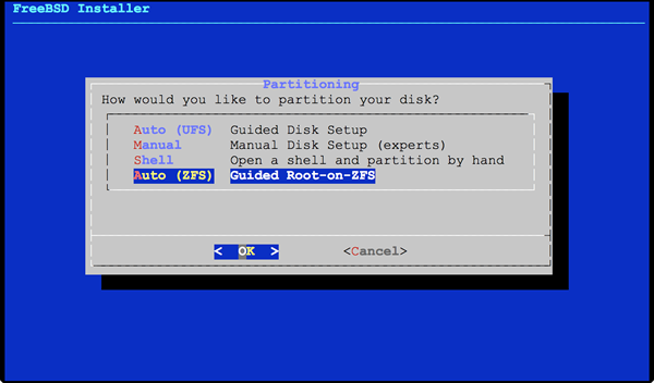 図4　パーティションで「Auto (ZFS)」を選択