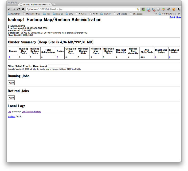 図3　MapReduceの管理ページ（http://hadoop1:50030/）