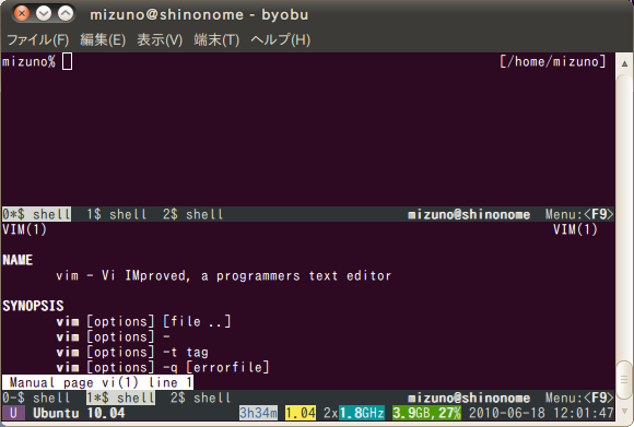 図1　byobuを使ってウィンドウを分割した例