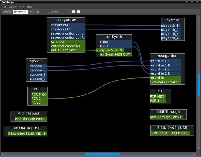 図15 patchageでポートを表示。緑はMIDI信号の経路を、紺は音声の経路を示す