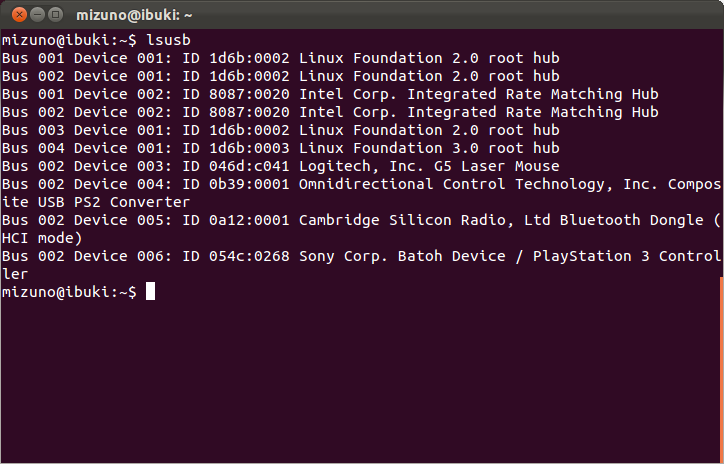 図2　lsusbコマンドを実行した例。PlayStation 3 Controllerが確認できる