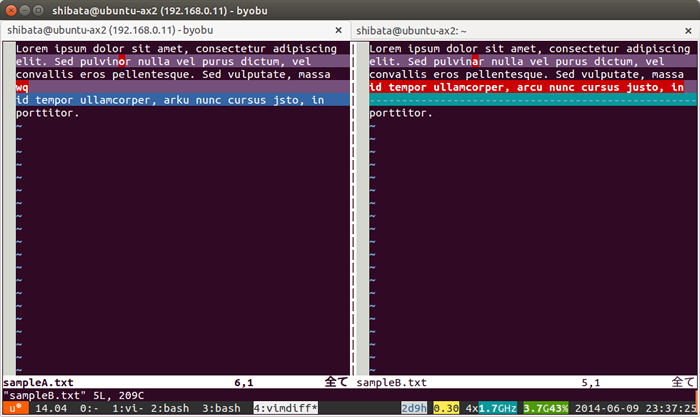 図1　vimdiffコマンド（もしくはvim -d）で差分を表示した例