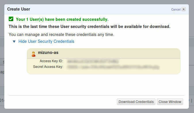 図2　ユーザーが作成され「Access Key ID」と「Secret Access Key」が表示された