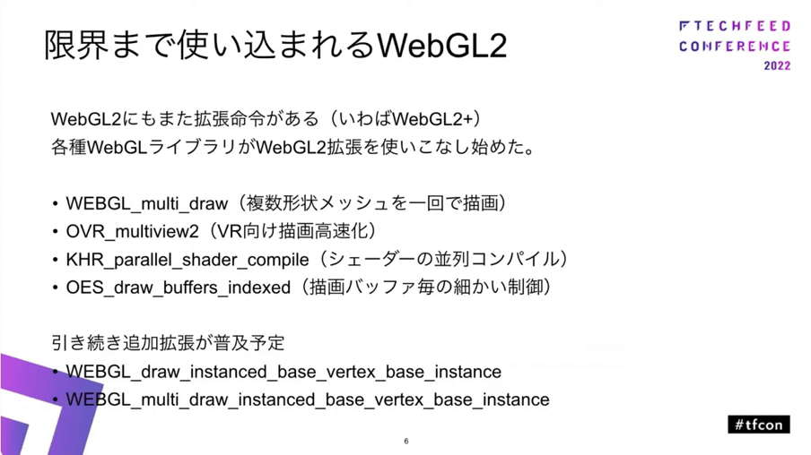 高速なメッシュ描画や描画バッシュごとの細かい制御など、ライブラリによるWebGL拡張が進んでいる