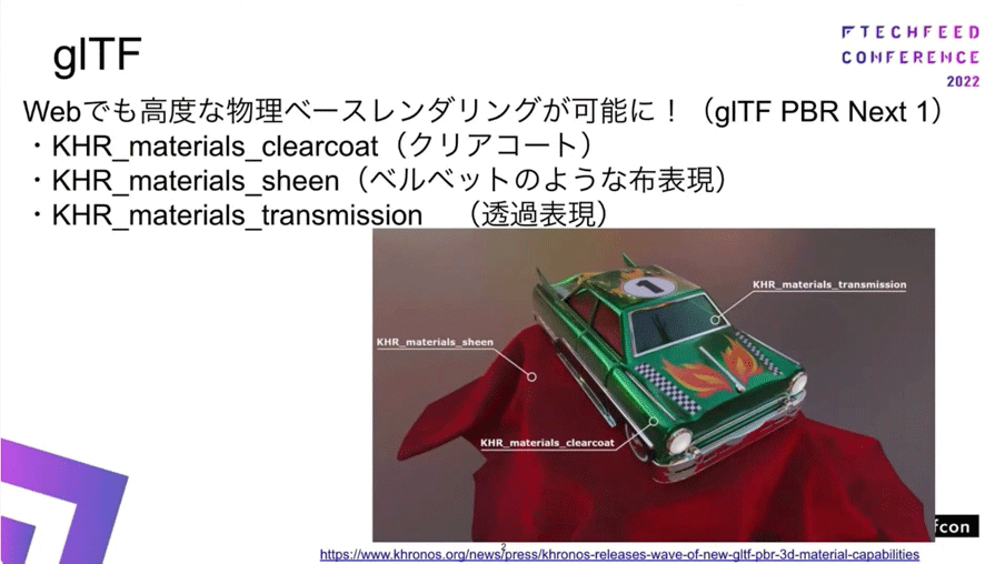 3Dフォーマットしてはじめて普及に成功したgITF ―クリアコート（clearcoat）、ベルベットのような布表現（sheen）、透過表現（transmission）など高度な物理ベースのレンダリングを実現