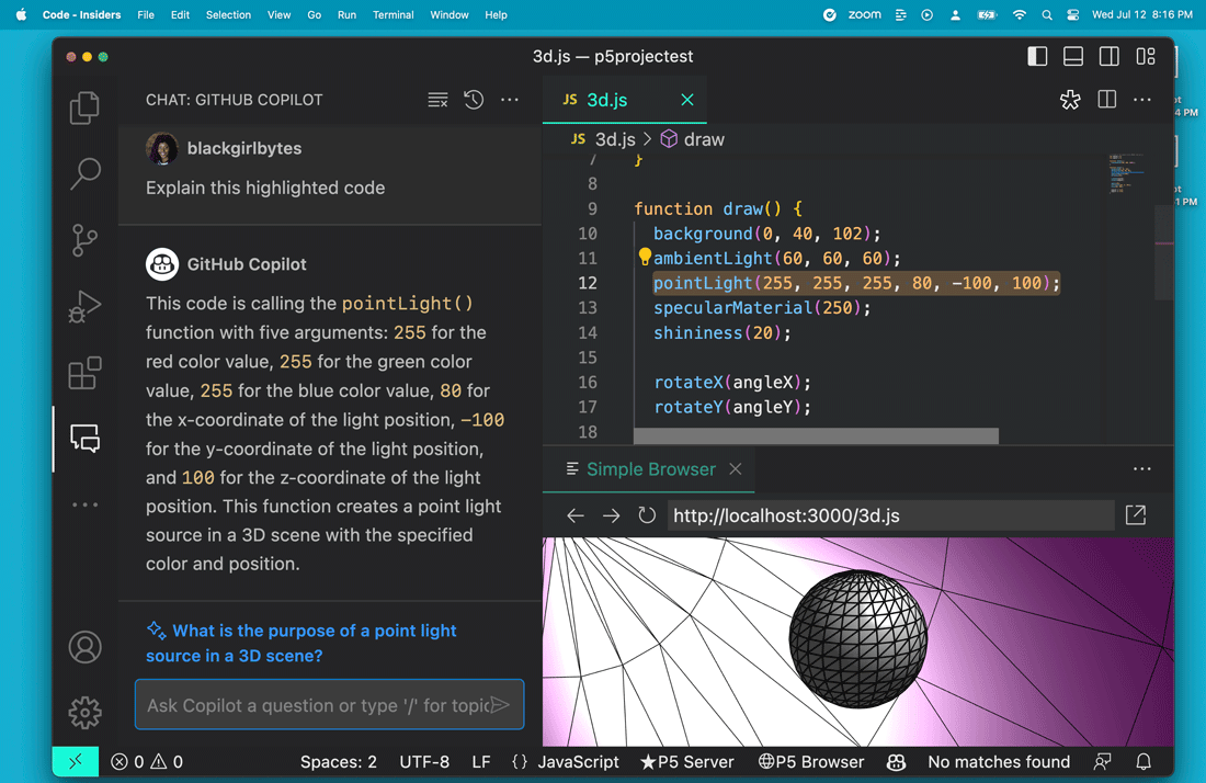 開発者がハイライト表示したコード（pointlight(255, 255, 255, 80, -100, 100);）について質問、Copilot Chatが回答しているところ