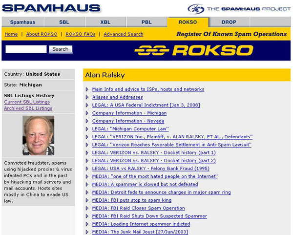 スパムのブラックリストサイト「Spamhaus」にも写真入りで紹介されているAlan Ralsky