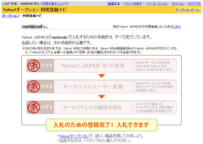 図1　入札するには，Yahoo! IDを取得して登録メールアドレスを確認するだけ。だれでも無料でとても簡単だ