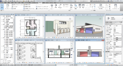 BIMによる設計の例。1つの3Dモデルからさまざまな図面が生成されている