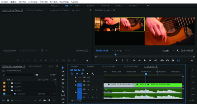 Premiere Proの画面。右上のモニターでスイッチング編集しています