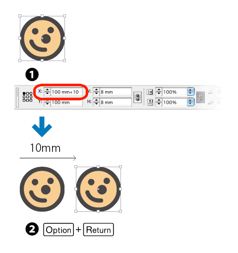 オブジェクトを選択して、［X］欄の数字の末尾に「+10」を入力して、［Option］＋［Return］キーを押すと、10ミリ移動してコピーができる