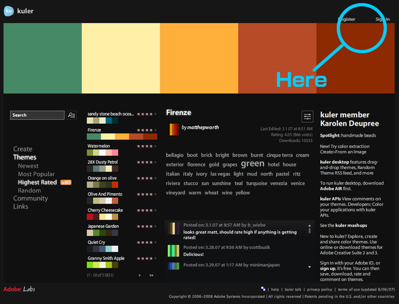 図1　kulerのサイト。右上部に「Register」と「Sign In」の2つのリンクがある