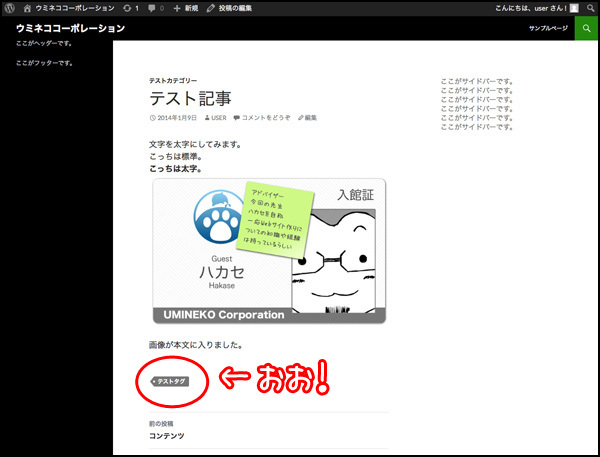 おお、ちゃんとタグが記事に表示されています！