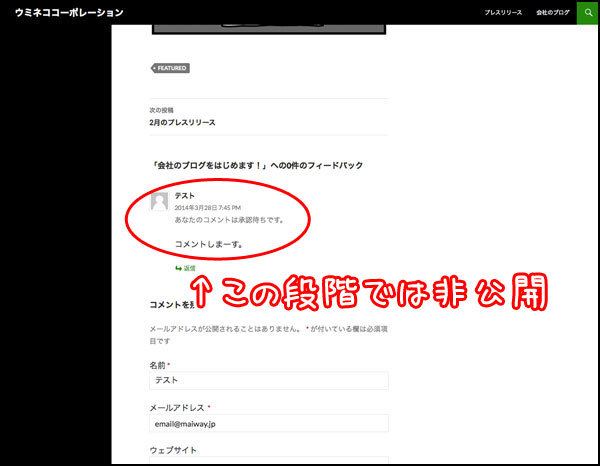 「承認待ち」という言葉が見えますね。この状態ですと、書き込んだ人にはコメントが見えていますが、それ以外の人には見えていません