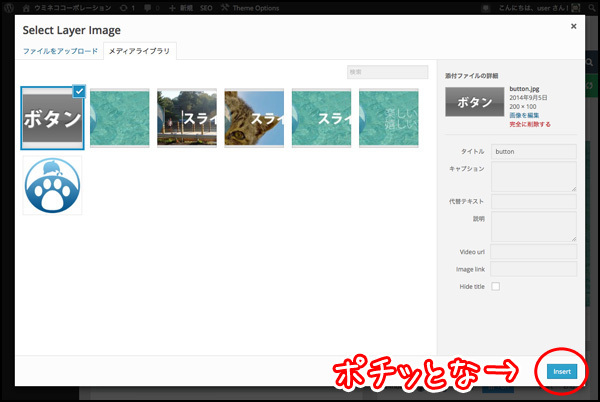 メディアライブラリからボタン画像を選ぶか、新規にボタン画像をアップロードして、「Insert」ボタンを押す