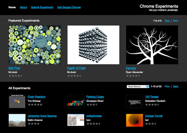 図3　JavaScriptで制作されたコンテンツが並ぶChrome Experiments