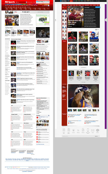 図5　現在の「USA TODAY」の「SPORTS」（左）と新しい「USA TODAY（Beta版）」の「SPORTS」との比較画像