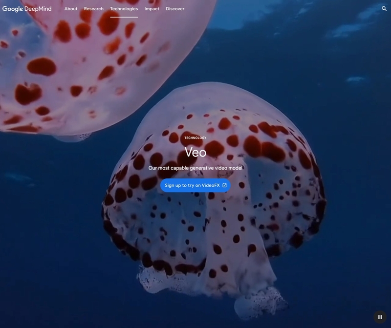 Google DeepMindが発表した、動画生成AI「Veo」のウェブサイト。自然言語を理解して、テキストプロンプトに正確な動画を生成するのが特徴のAIモデル