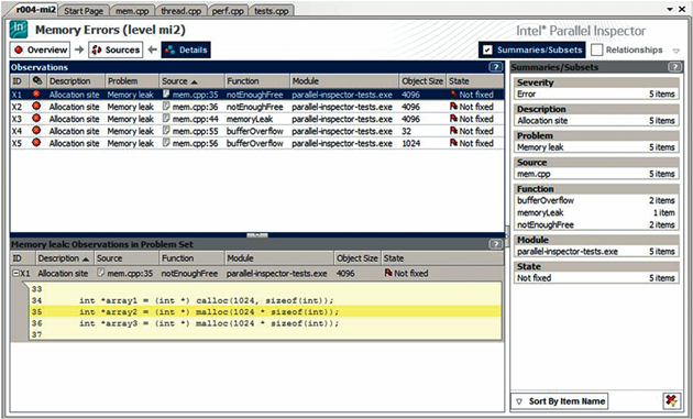 図5　検出されたメモリエラーを示すインテルParallel Inspectorの分析結果