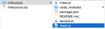 図8　前回のmilkcocoaフォルダにtweet.jsを作成