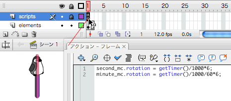 図2　メインタイムラインに第1フレームアクションを記述して2フレームに拡張する