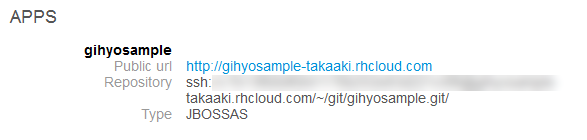 図6　アプリケーションが作成されると、公開URLとgitリポジトリのURLが表示される