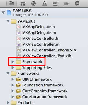 YAMapKitプロジェクトのFrameworkグループ