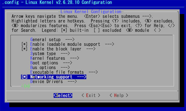 図1　カーネルコンフィギュレーションのトップメニューで「Networking Support」を選択