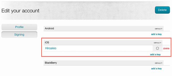 図11　証明書ファイルのアップロードが終わると、アカウントにiOSキーとして関連付けがされる