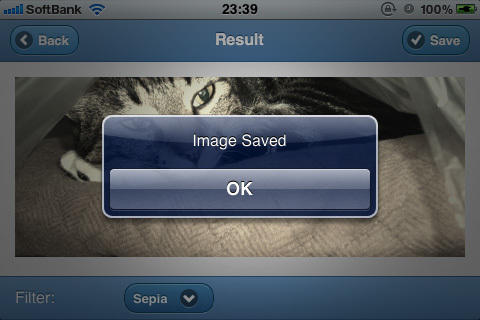 図19　「Save」ボタンをタップすると、フォトアルバムに保存が行われる