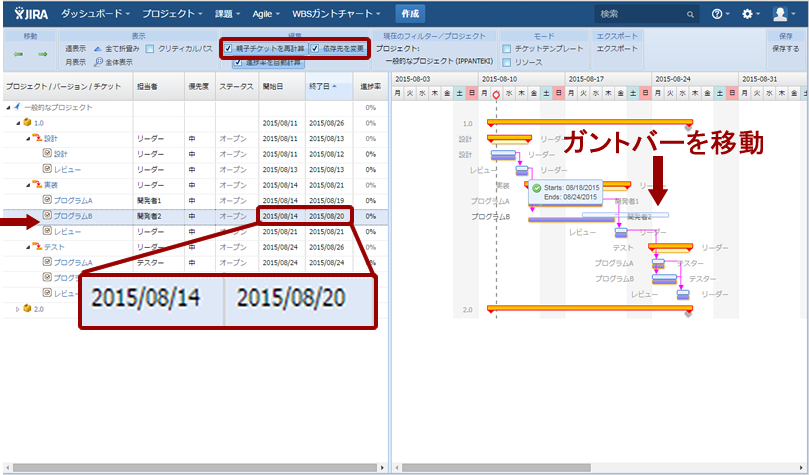 図3　「親子チケットを再計算」「依存先を変更」にチェックを入れた状態で、「プログラムB」の作業開始日を4日遅らせる