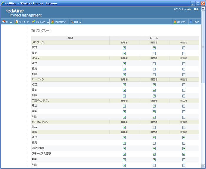 各ロールを比較しながら権限設定を行うときは権限レポートが便利