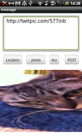 実機での動作。twitpicへのアップロードもできる
