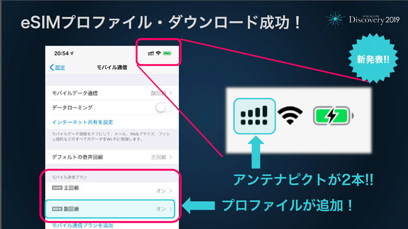 eSIMプロファイルダウンロード成功時の表示