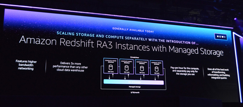 もうひとつのRedshift関連の発表は、コンピュートとストレージを完全に分離し、別々にスケールできる「RA3インスタンス」。最大8ペタバイトまで拡張可能。AQUAはこのRA3インスタンスが前提になるといわれている