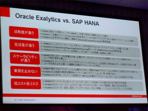 強気のコメントが並ぶ「Exalytics vs. HANA」比較表